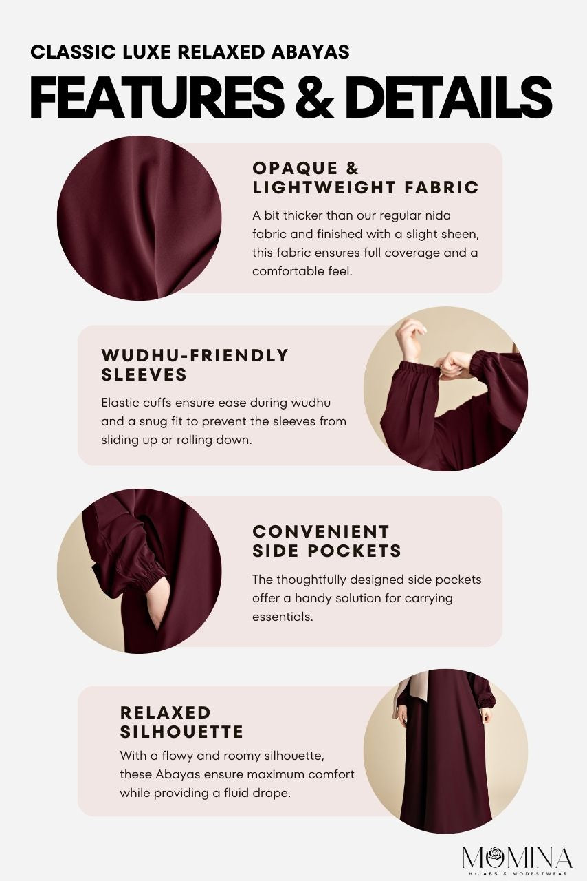 Classic Luxe abaya featuring opaque nida fabric, wudhu-friendly sleeves, convenient side pockets, relaxed silhouette.