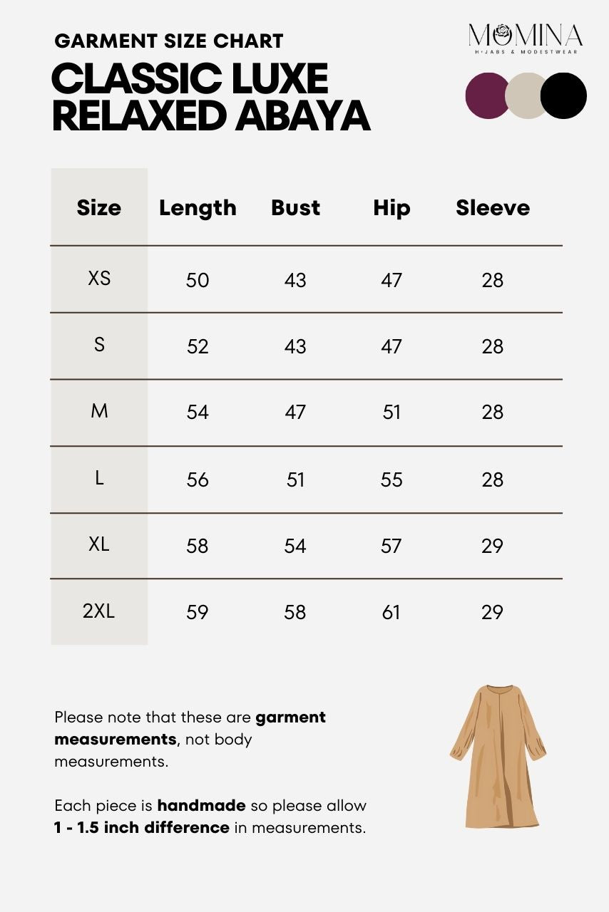Classic Luxe Relaxed Abaya size chart; beige Nida fabric abaya with length, bust, hip, sleeve measurements listed.