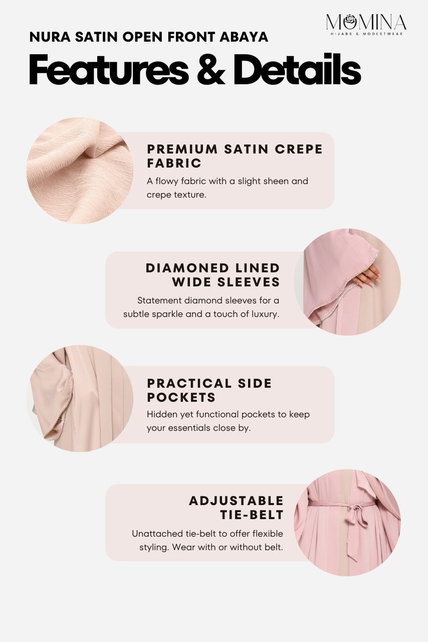 Nura Satin Open Front Abaya - Mauve Pink