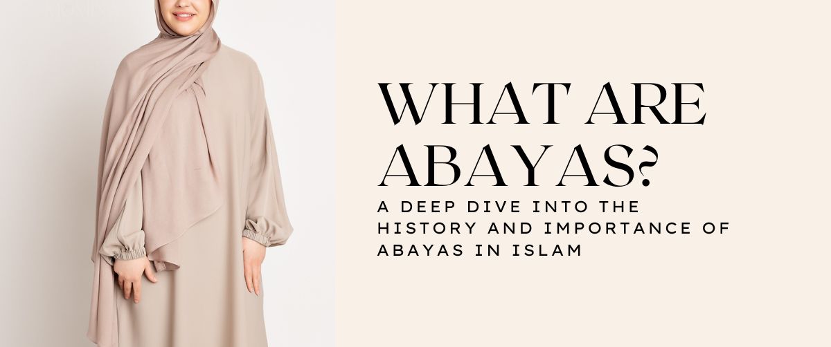 A photo of a woman wearing a beige abaya from momina hijabs beside a large heading saying 'What are abayas?'