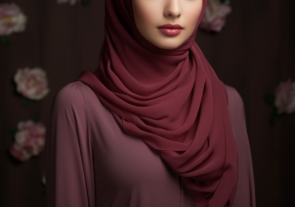 A muslim women wearing a burgundy colored premium chiffon hijab and a purple abaya from momina hijabs