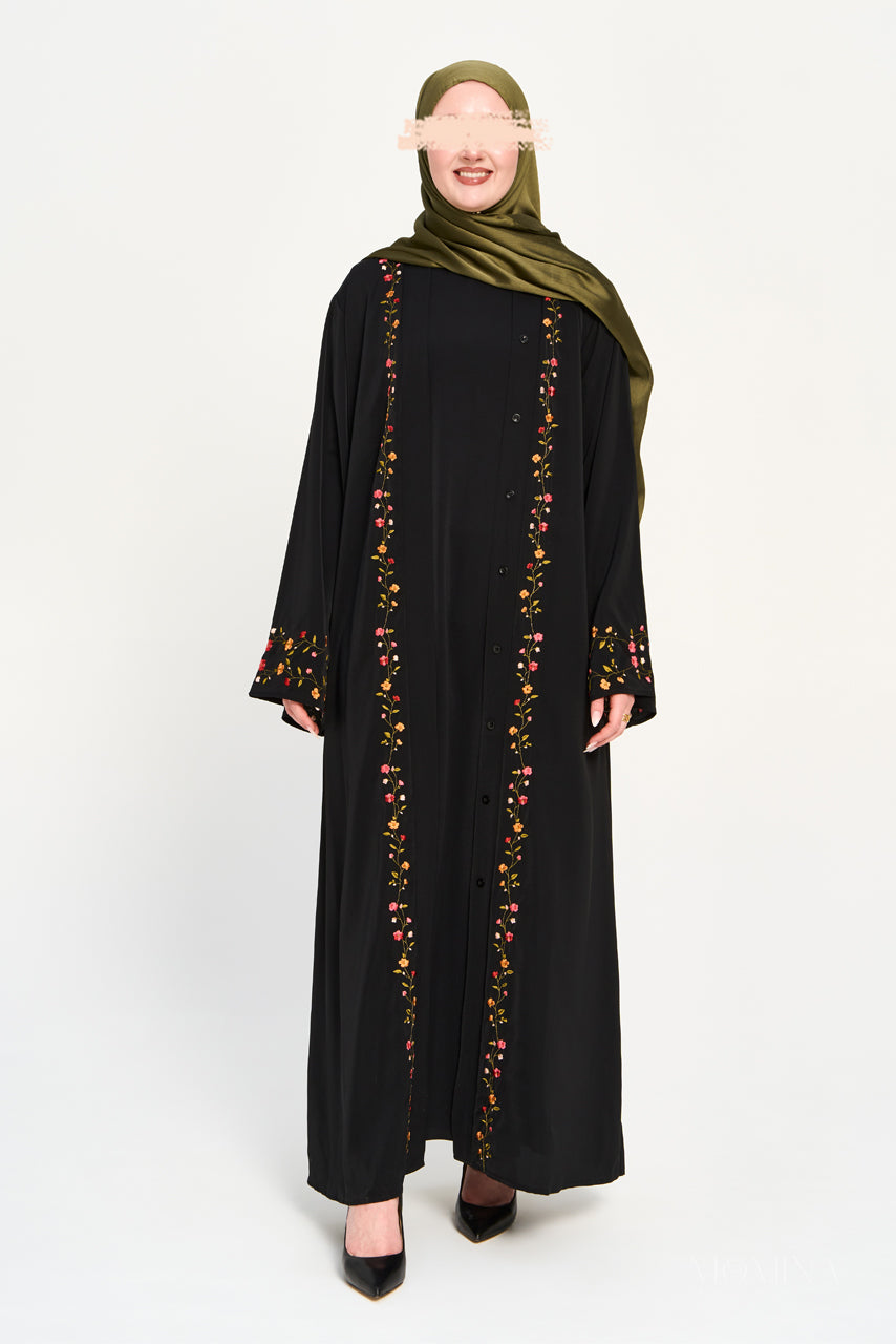 Amal Embroidered Abaya Set - Coal