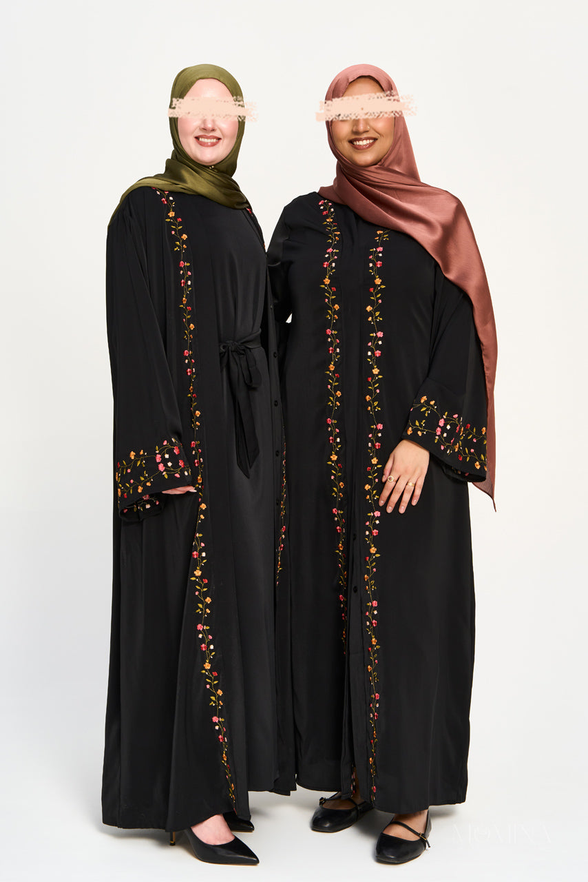 Amal Embroidered Abaya Set - Coal