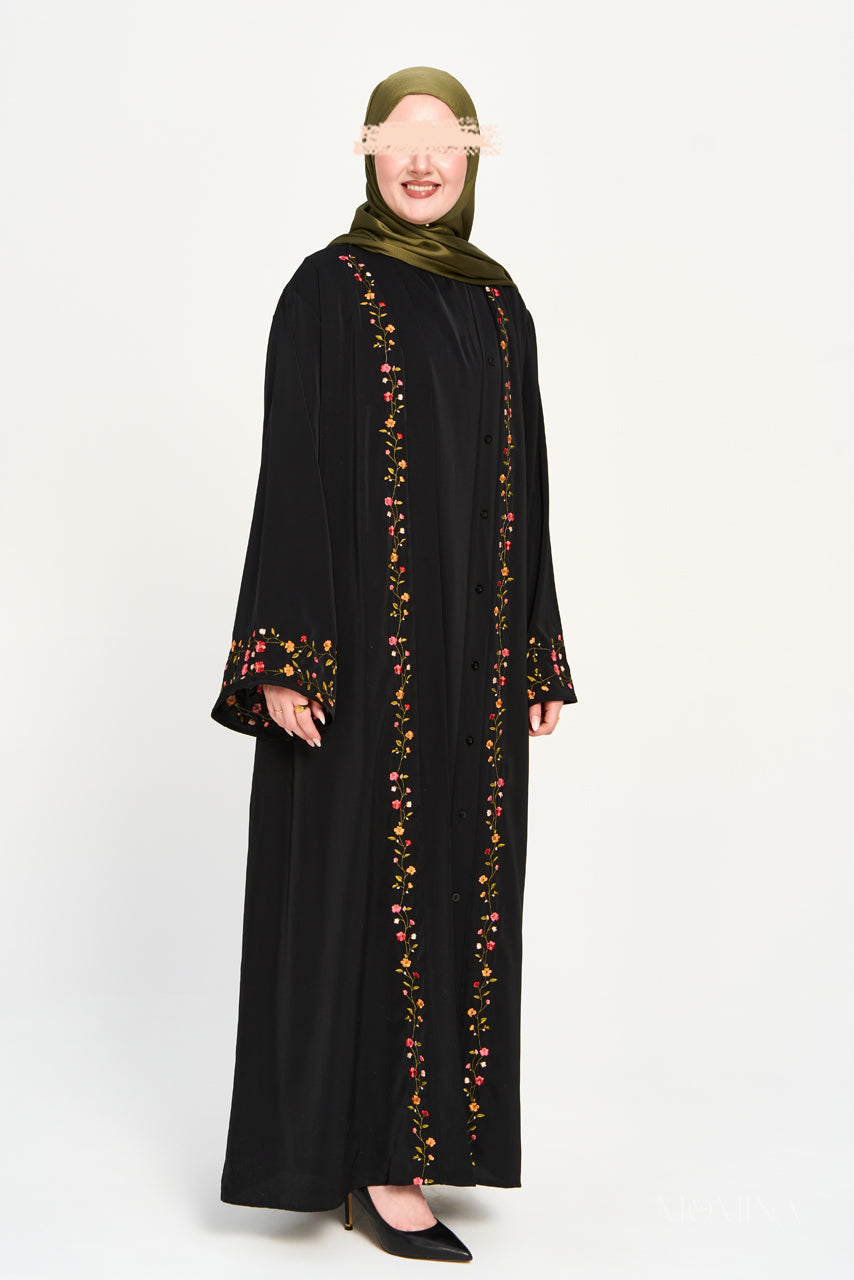 Amal Embroidered Abaya Set - Coal