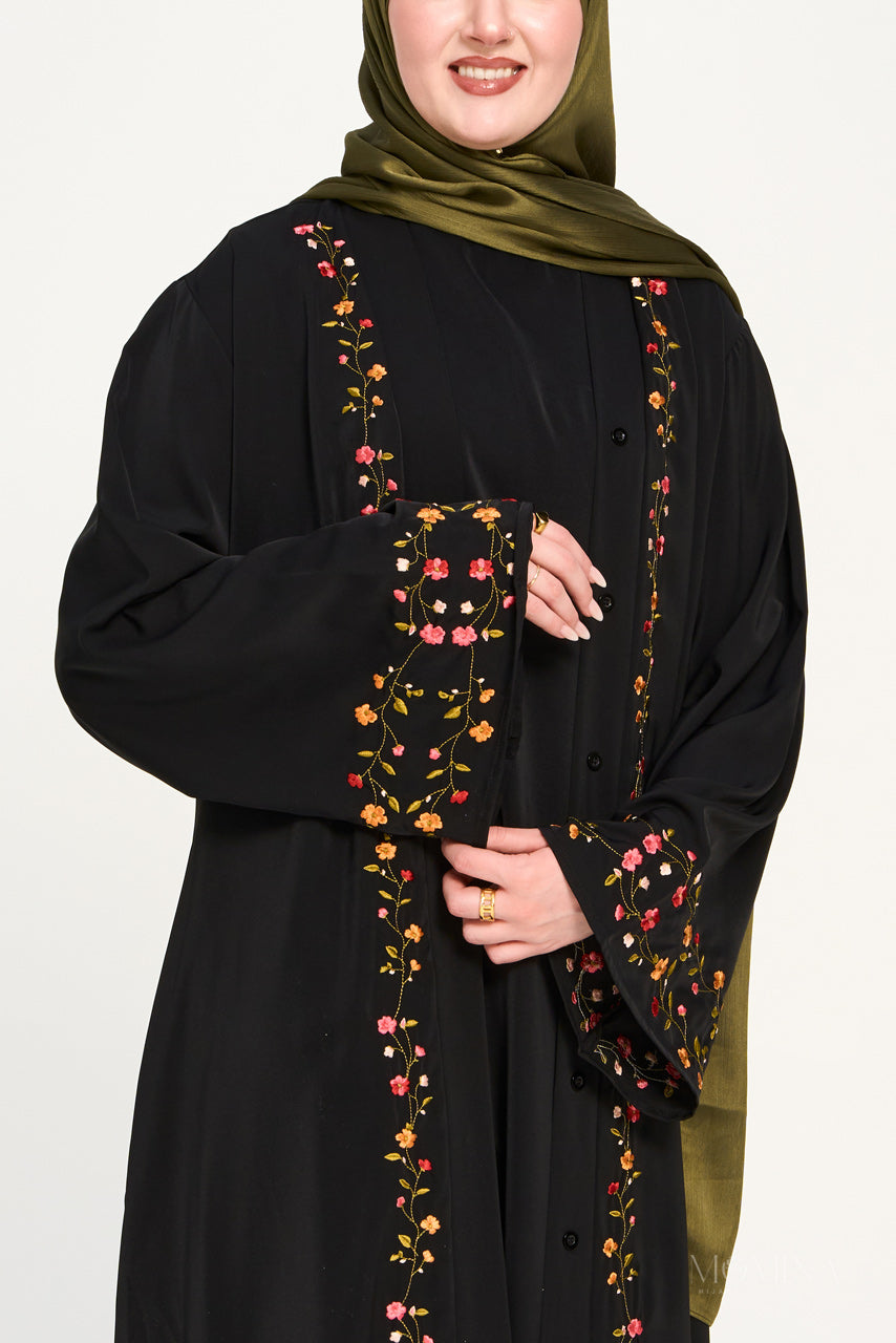 Amal Embroidered Abaya Set - Coal