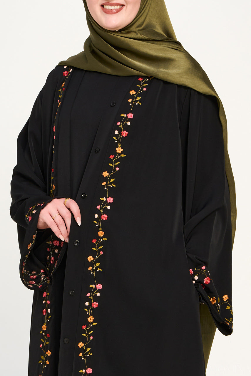 Amal Embroidered Abaya Set - Coal