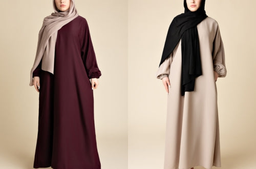 Models wearing burgundy & beige colored classic relaxed abayas from Momina Hijabs