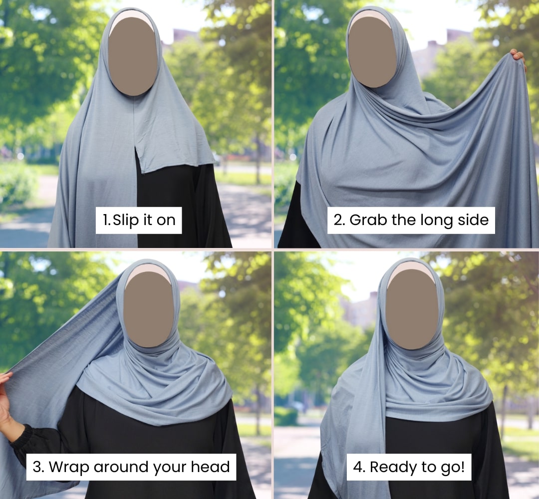 Model showing in step by step how to wear an instant jersey hijab by Momina Hijabs