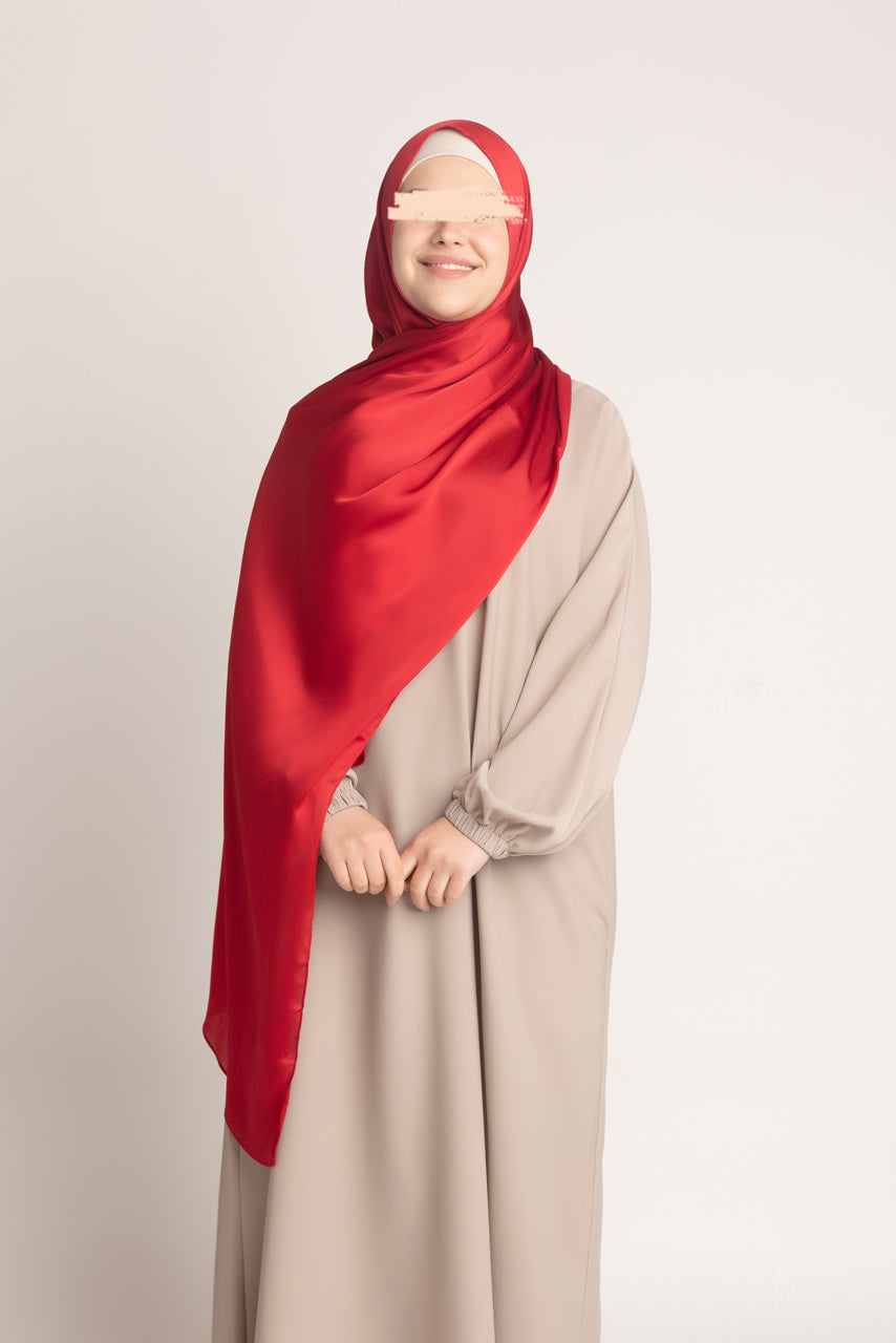 Hijab Froissé en Satin de Soie - Opale Rouge