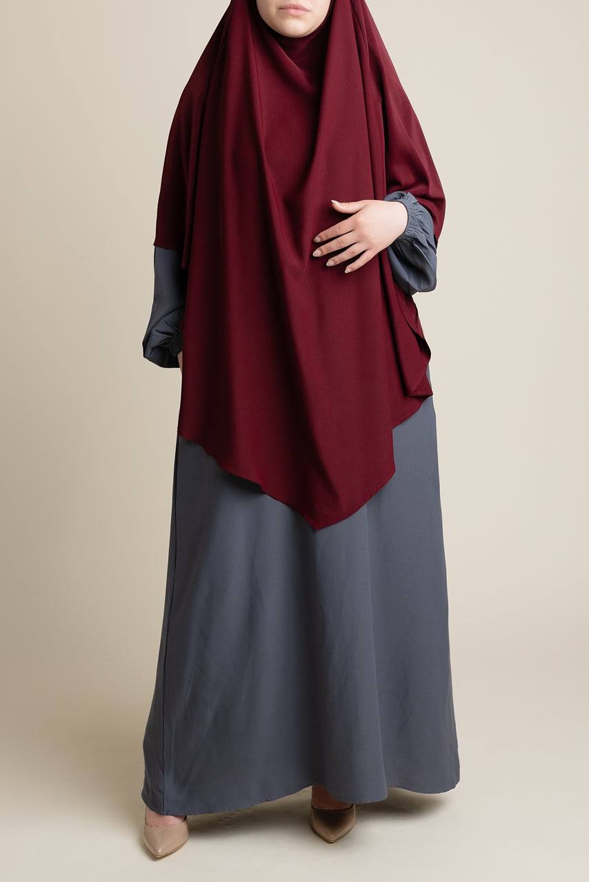 Full coverage Tie-back styled Khimar in red color - Front view - Momina Hijabs