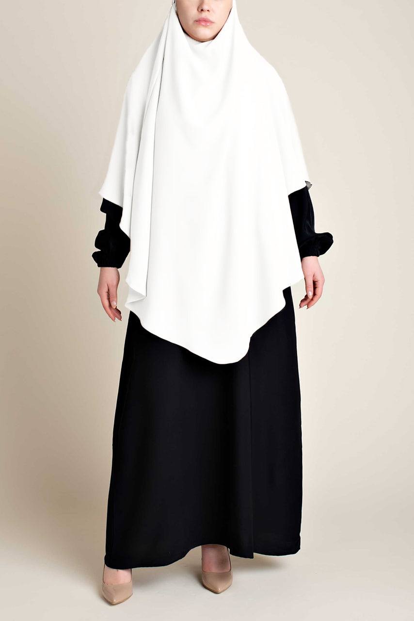 Full coverage Khimar in white color with adjustable tie-back headbands - Front view - Momina Hijabs