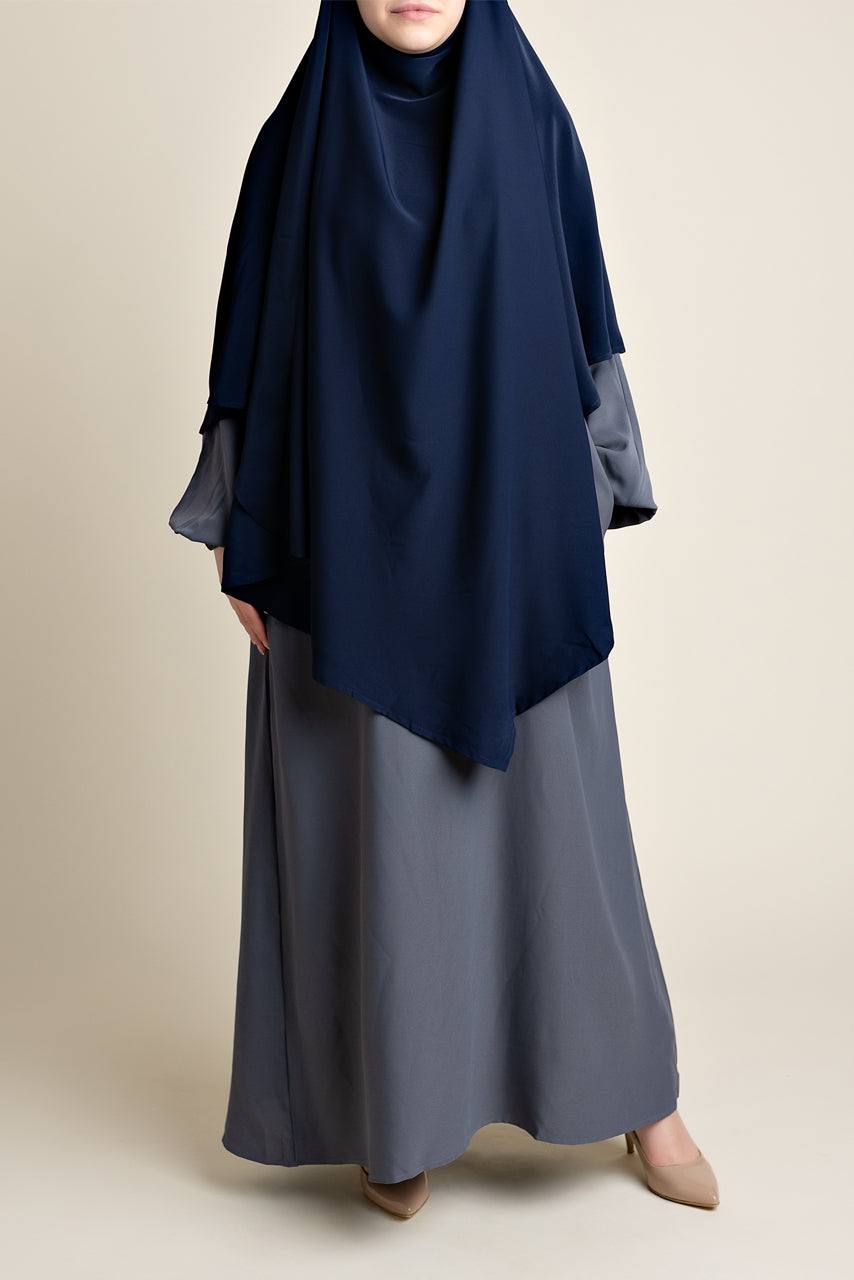 Full coverage Tie-back styled Khimar in Navy Blue color - Front view - Momina Hijabs