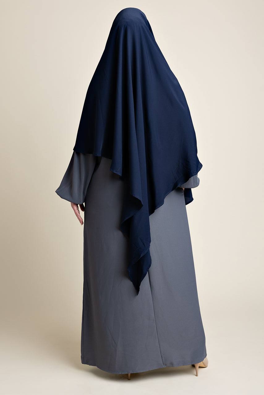 Full coverage Tie-back styled Khimar in Navy Blue color - Rear view - Momina Hijabs