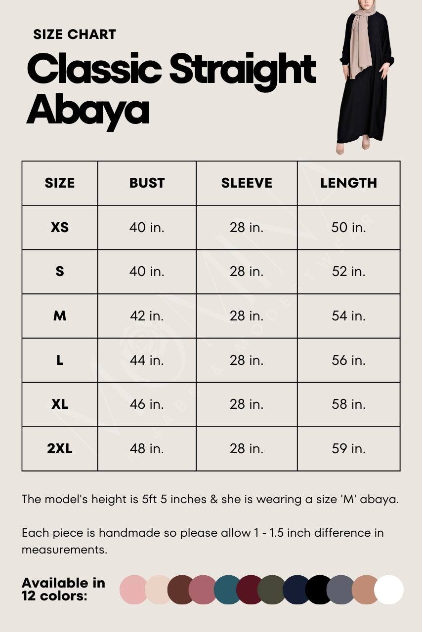 Size Chart for Classic Straight Abayas by Momina Hijabs