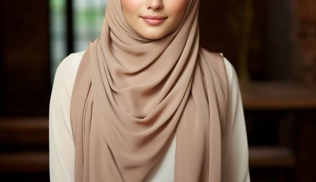 A muslim woman wearing a nude classic chiffon hijab from Momina Hijabs
