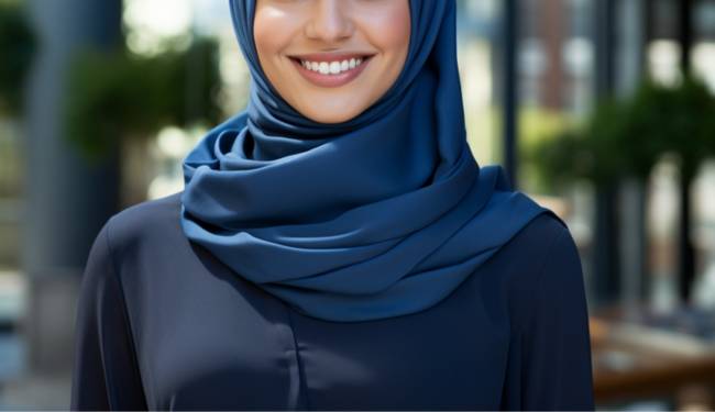 A hijabi student wearing the Grotto blue luxury modal hijab by Momina Hijabs