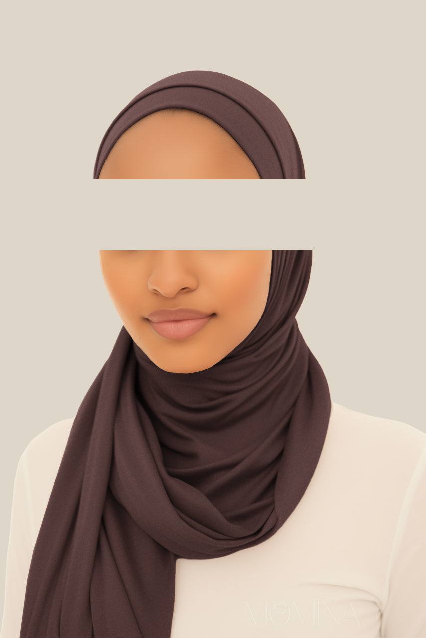 Dark chocolate matching jersey hijab and undercap by Momina Hijabs.