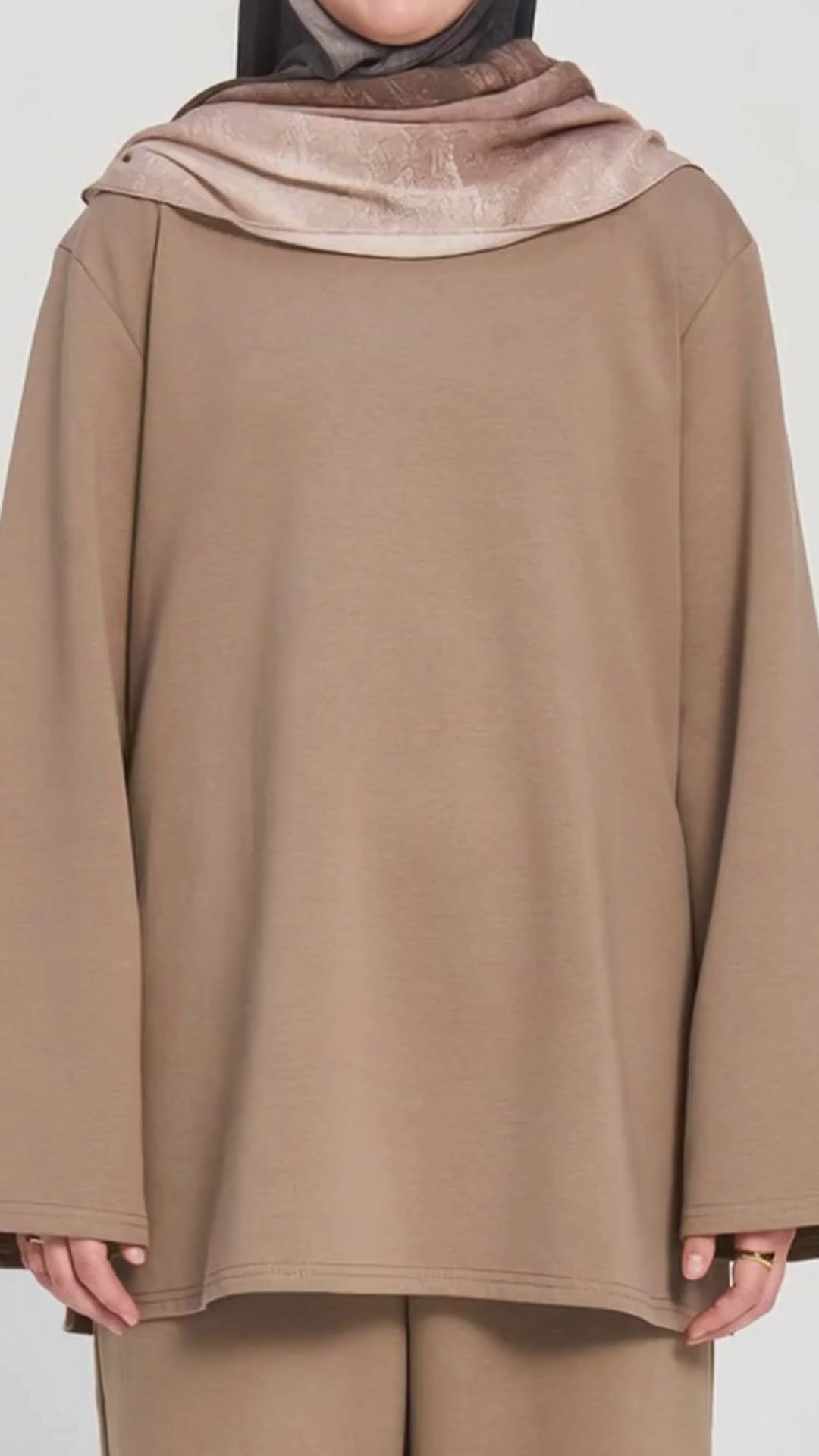 Modal wearing the Raha Lounge Top in Latte by Momina Hijabs