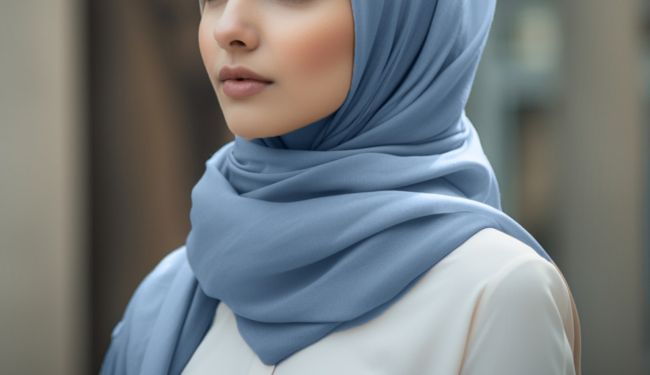 A hijabi student wearing Momina Hijab's Faded Denim Luxury Modal Hijab 