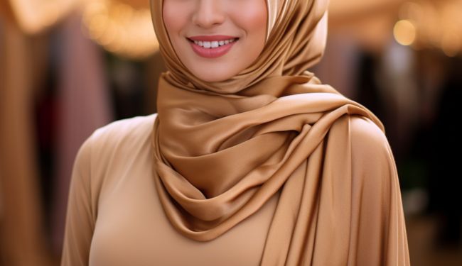 Woman wearing the Matte Satin Silk Hijab Sunburst by Momina Hijabs